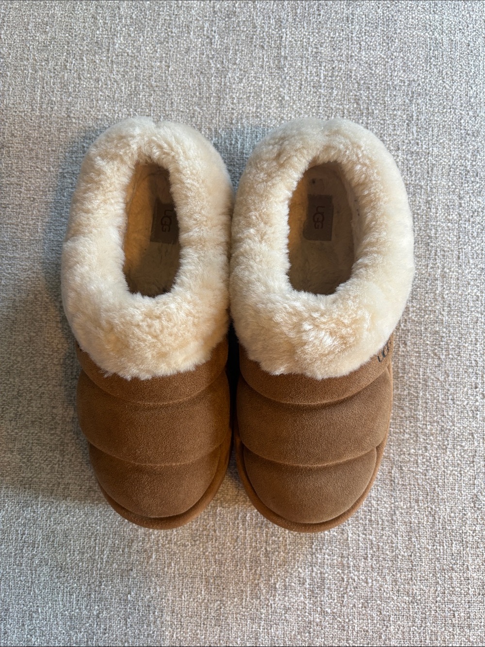 UGG Chestnut/Tan Quilted Suede Shearling Slip-Ons - Picture 2 of 7